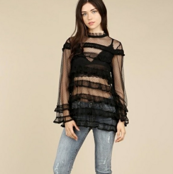 POL Tops - Black Polka Dot Lace Top